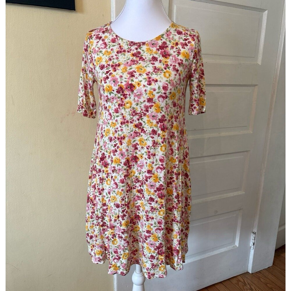 Woman’s swing tunic top mini dress floral flowers summer spring vintage pockets